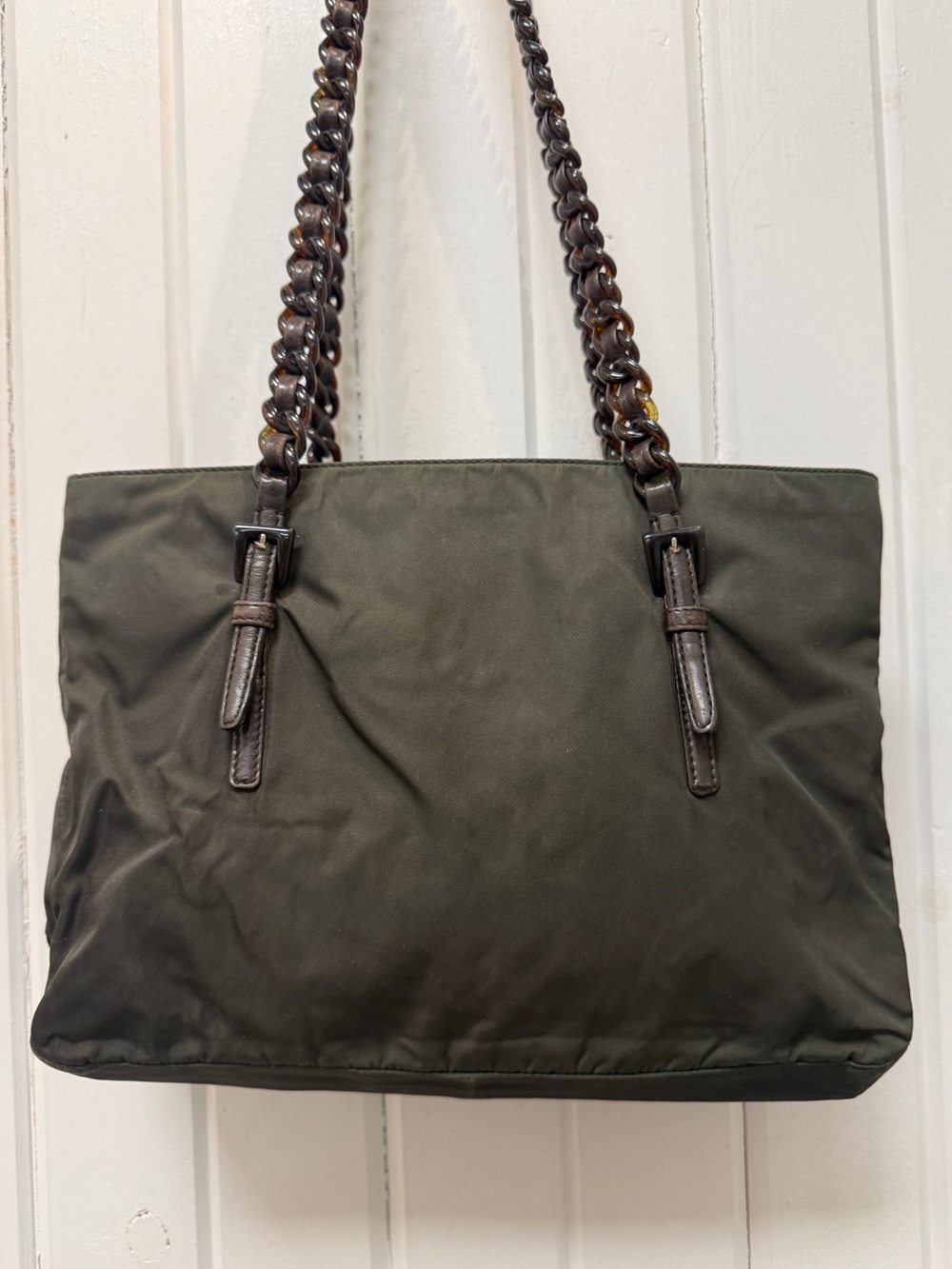 Prada Vintage Green Nylon Classic Shoulder Tote Bag with Acrylic Chain Straps - Picture 4 of 10